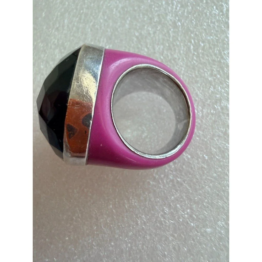 Signed AF 925 Sterling Silver Pink Resin Faceted Black Onyx Dome Ring Size 6.5
